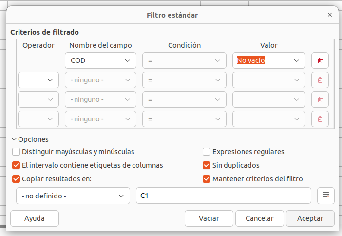 Opciones del Filtro para duplicados